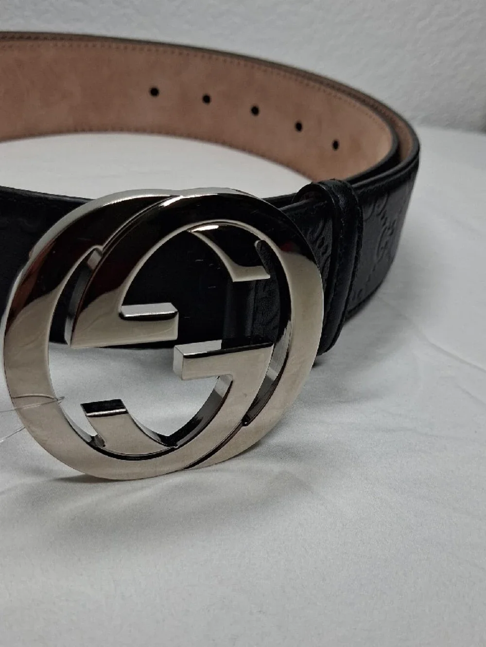 Gucci Black Leather Belt with Silver Interlocking GG Buckle
